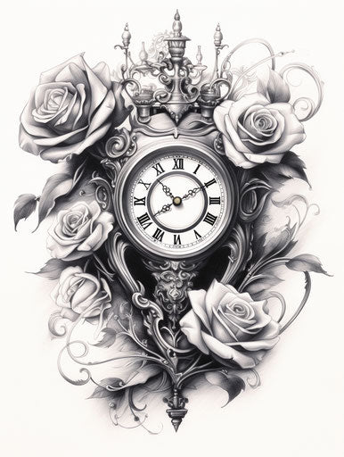 Roses on a clock in black and white, cybermystic steampunk style