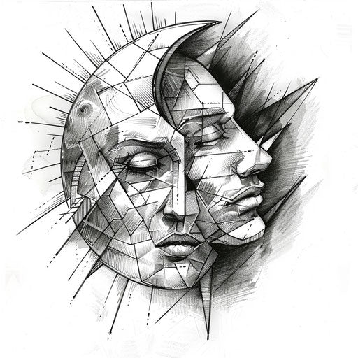 Artistic tattoo sketch with geometric sun and moon