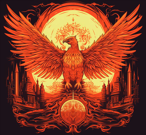 Phoenix icon in light orange and red, detailed architectural elements
