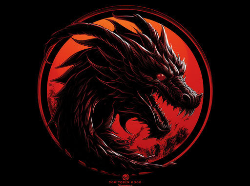 Red dragon logo on black background, screen printing style