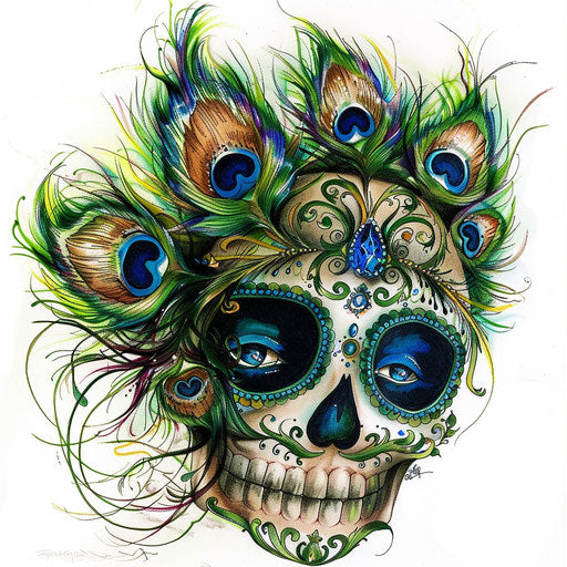 Sugar skull with peacock feathers and jewel-like eyes