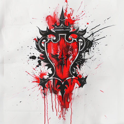 Bold graphic design of a Roman crest in red and black on white