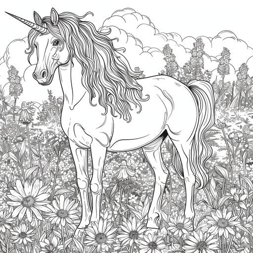 Magical unicorn in a field of blooming flowers