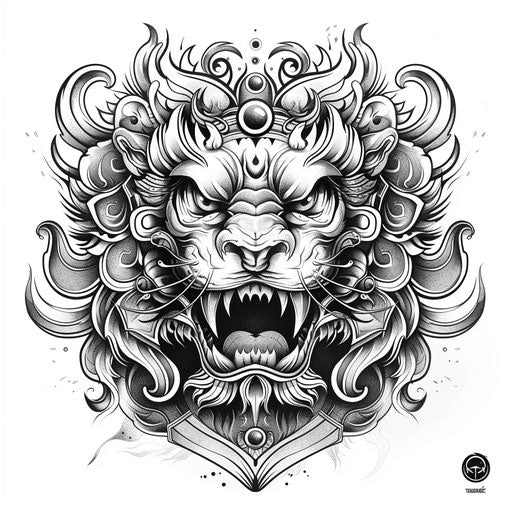 Bold flat tattoo sketch for a Sak Yant with a roaring lion head in a striking clipart style