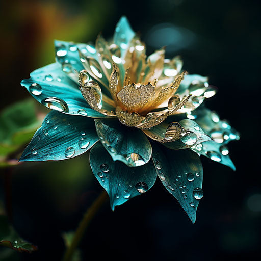 Water drop on flower, dark emerald and sky-blue style