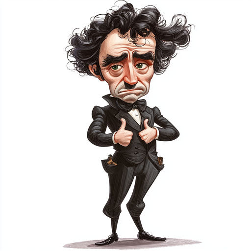 Humorous caricature of an Edwin Booth caricature clipart with human characteristics, exaggerated bushy eyebrows, big hands, magical atmosphere, vibrant colors, cartoon style, thumbs down, high resolution, no background, isolated