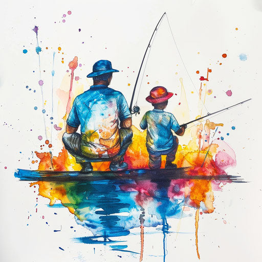 Vibrant colors of a father-son fishing scene