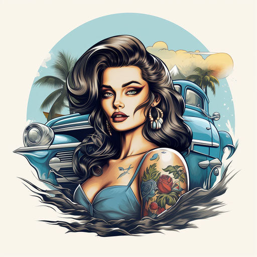 Tattoo of a woman with an artful face, classic american cars style, woodcut, hip-hop style, realistic scenery, gray and azure, poster, rtx on