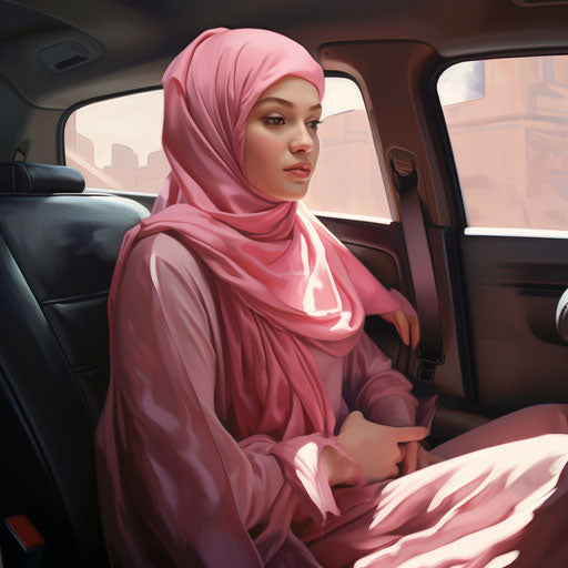 Girl in hijab in pink car, chinapunk style, subversive