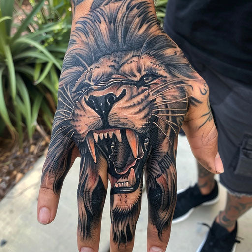 Men's hand tattoo roaring lion, Ami James style