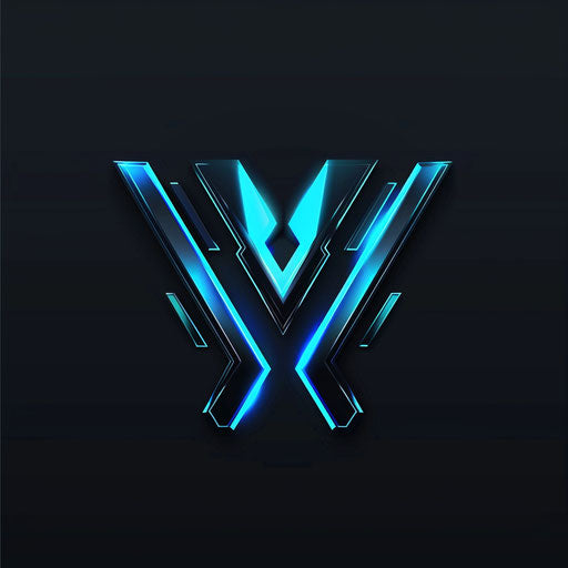 Brand logo with futuristic elements, neon blue and black colors, sharp lines