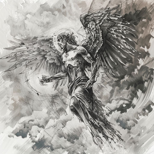 Dynamic tattoo sketch of the angel of death soaring through clouds, in stormy grey tones