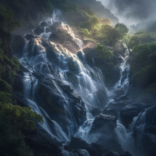 Dudh Sagar Waterfalls with dramatic lighting and intense flow