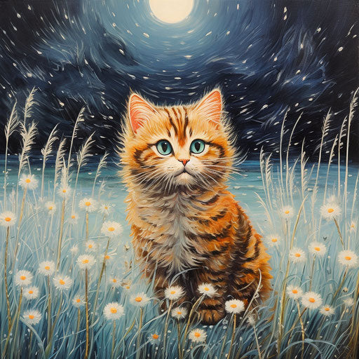 Louis Wain cat in a field while it is snowing