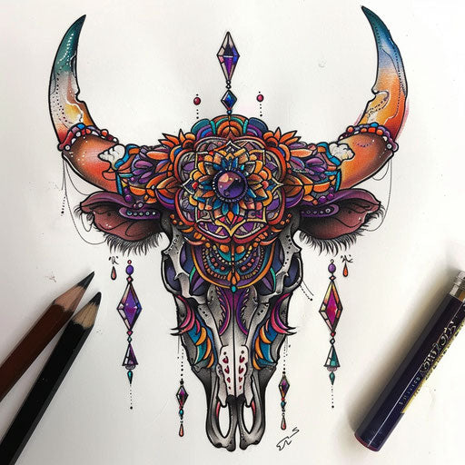 Bohemian tattoo sketch of a cow skull with intricate mandala patterns and rich jewel tones