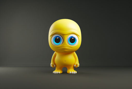3D yellow character with blue eyes, emotionally complex style