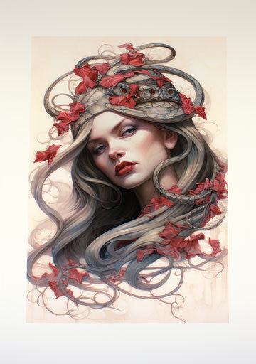 Woman with long hair and a snake on her head