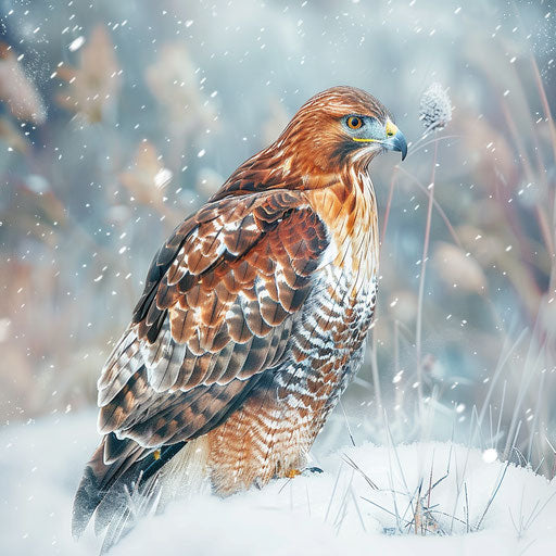 Red hawk bird in a snowy landscape