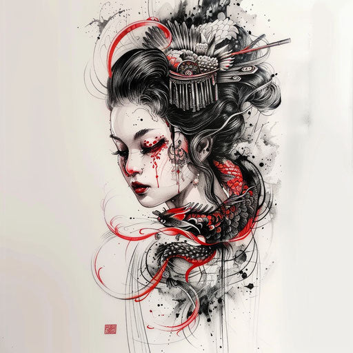 Surreal geisha tattoo with fantastical elements and dream-like colors