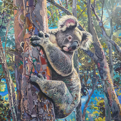 Koala climbing tree, dynamic angle, vibrant natural background