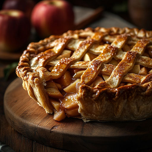 Golden lattice apple pie on wooden cutting board