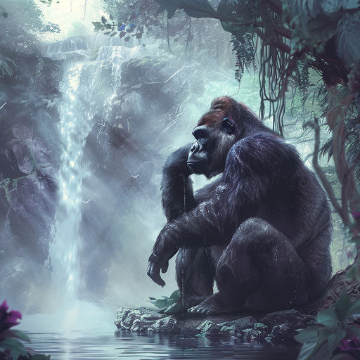 Gorilla by tranquil waterfall in jungle