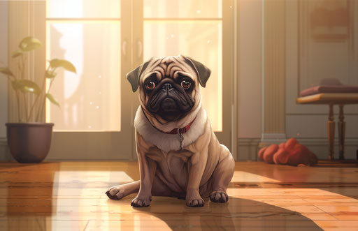 A big pug dog sitting on the floor at home