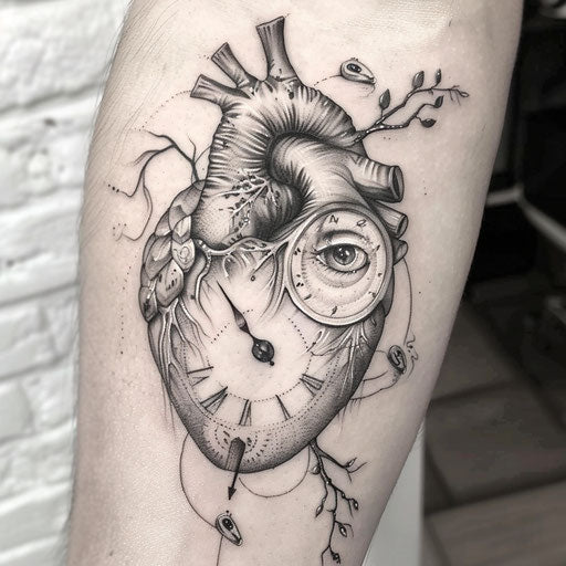 Surreal anatomical heart tattoo with floating eyes and melting clocks
