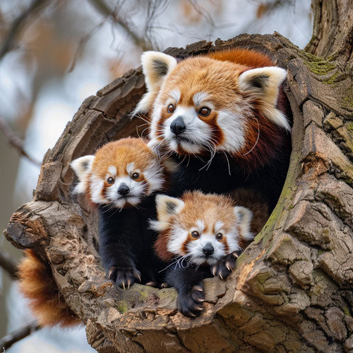 A red panda in a tree hole with baby red pandas