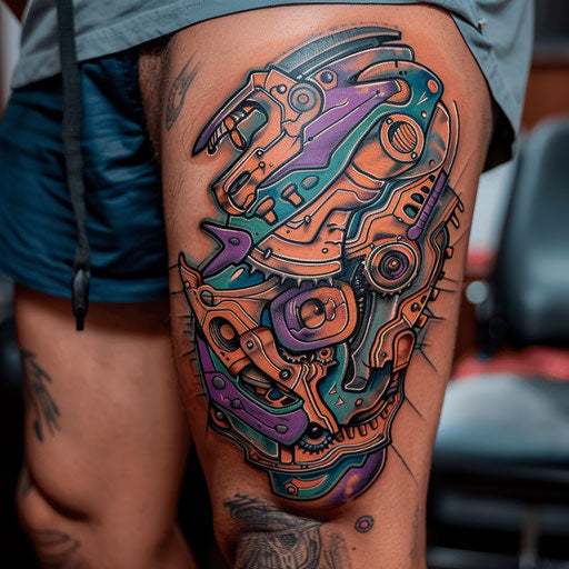 Abstract and colorful biomechanical thigh tattoos for men