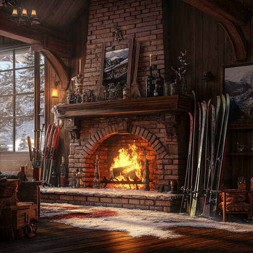 Brick fireplace in a ski lodge