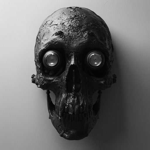 Black skull head with two eyes open in webcam style