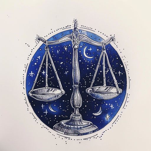 Flat tattoo sketch of Libra scales, on starry background