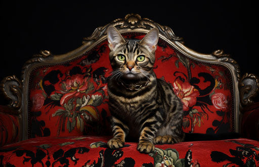 Tabby cat sitting on black couch, in bengal art style, sumatraism 17:11