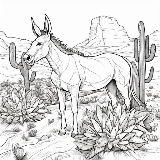 Donkey coloring page with cactus and rocks