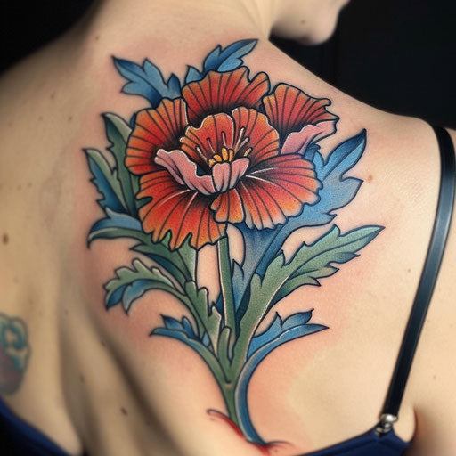 Pop Art Style Carnation Tattoo with Bright Colors and Bold Outlines