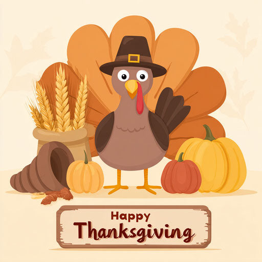 A cute cartoon turkey celebrates Thanksgiving joyfully