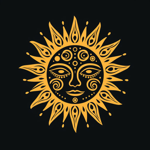 Sun symbol with tribal design, exaggerated style