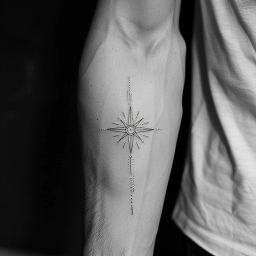 North Star: contemporary flat tattoo with black and gray shading