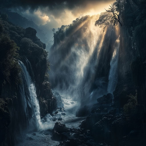 Tegenungan Waterfall with dark shadows and intense contrast