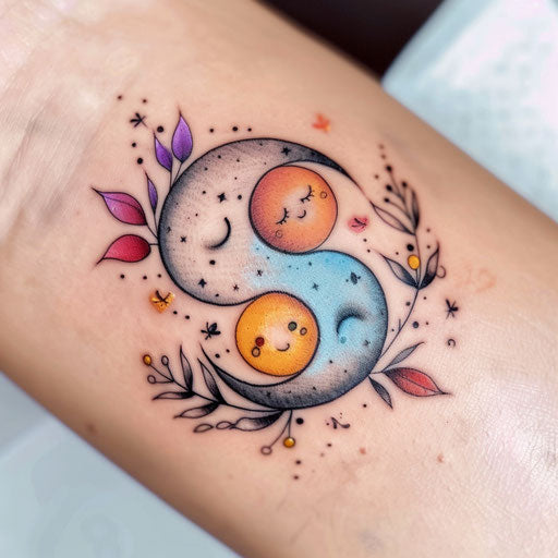 Whimsical cartoon-style yin and yang tattoo design