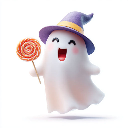 A cheerful ghost in a wizard hat holding a lollipop