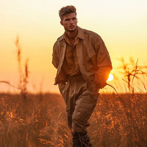 Rugged male model in safari-inspired fashion under a vivid sunset