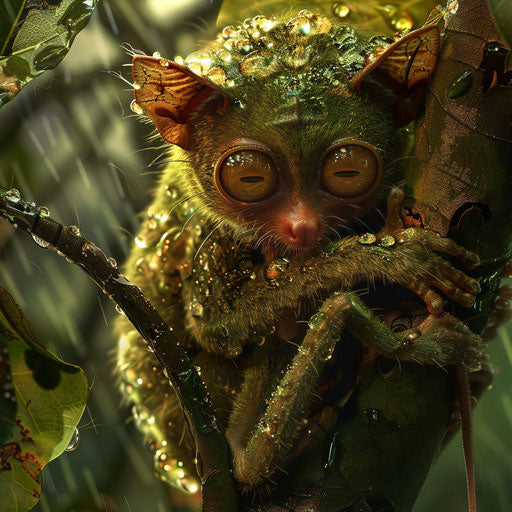 Morning dew on the foliage of a tarsier's habitat, with a tarsier grooming on a leafy branch