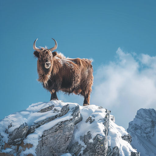 Yak on a snowy peak under a clear blue sky