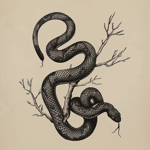 Exotic flat tattoo sketch of an obsidian snake coiling around a branch