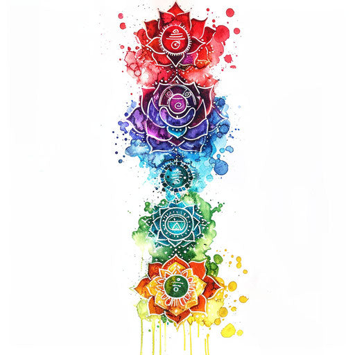 Illustration of tattoo with seven aligned chakras, vibrant colors and traditional symbols on white background