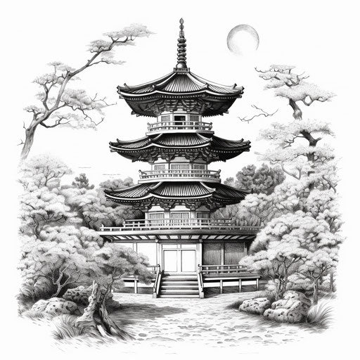 Illustration of Japanese pagoda in black and white realism, intricate designs