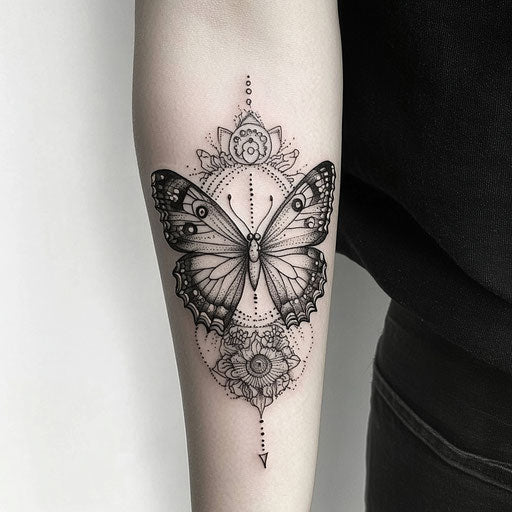 Butterfly tattoo on arm with mandala elements