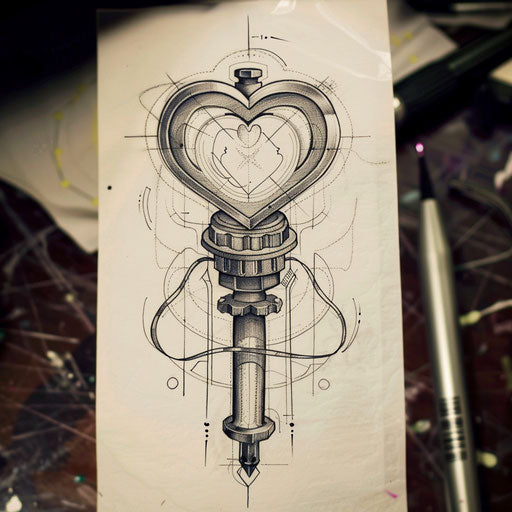 Flat tattoo sketch of a piston with a mechanical heart motif in a steampunk style